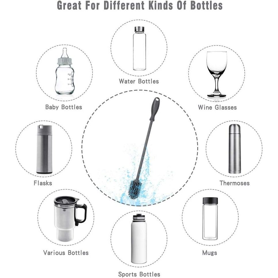 Silicone Bottle Cleaning Brush with Long Handle, BPA Free 12.5" Water Bottle Cleaner for Washing Baby Bottles, Hydroflasks, Sports Bottle, Vase, and Glassware (Gray) - Just Closeouts Canada Inc.