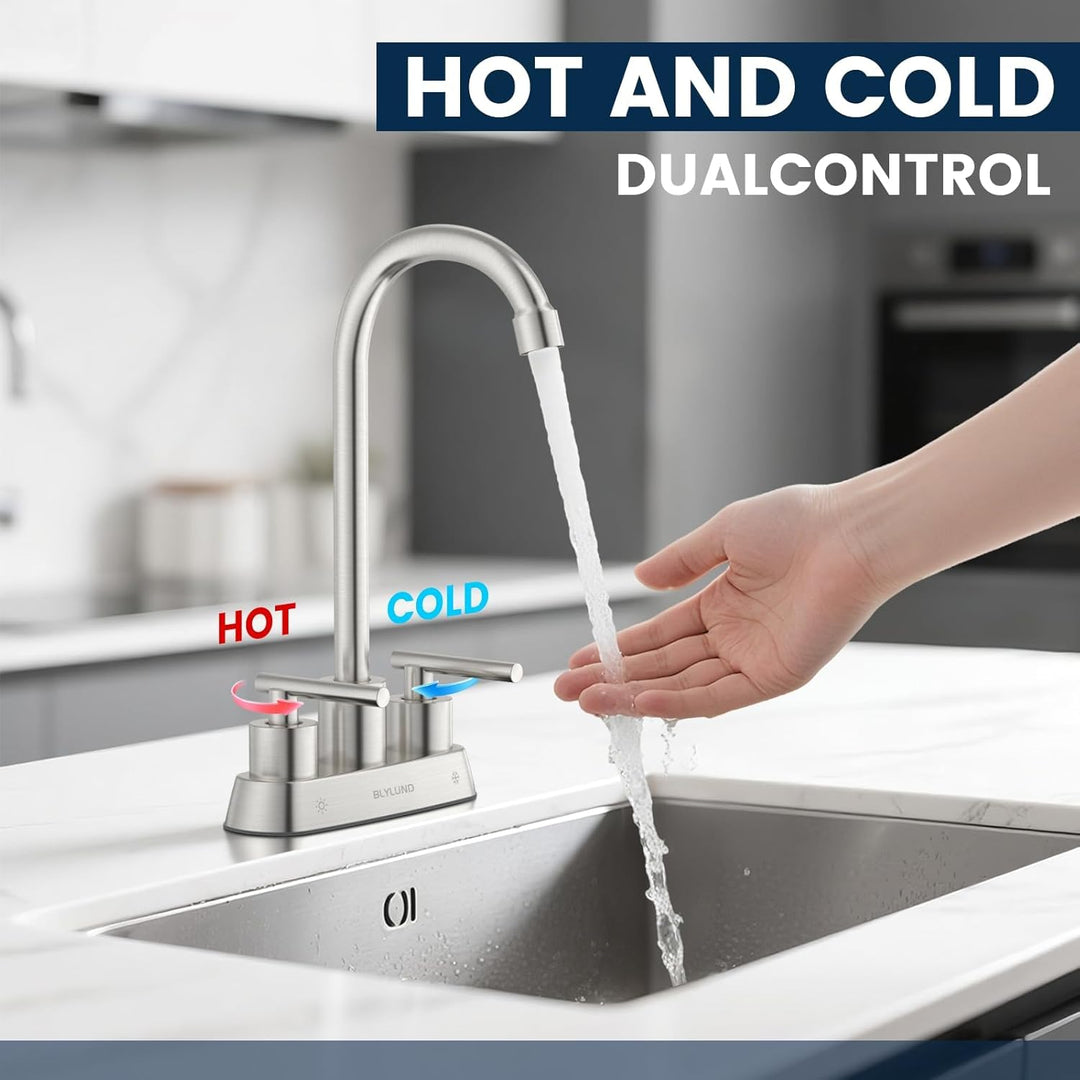 Sink Faucet 4 Inch Center Deck Mount, Stainless Steel High Arch 2 Hole Utility Sink Faucets with Dual Lever Handles for Laundry Kitchen Campers (Brushed Nickel) - Just Closeouts Canada Inc.