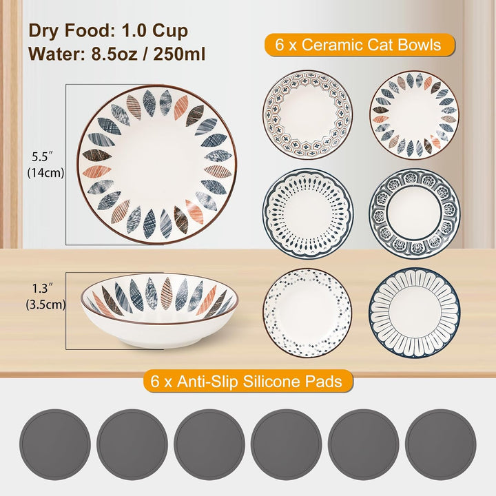 Small Ceramic Cat Food Bowl - Wide Shallow Cat Bowl with Non - Slip Mat - Whisker Friendly Cat Feeding Bowls - Japanese Style Cute Cat Dish - Cat Plates - Dishwasher Safe - Set of 6 - 8.5 oz（5.75 inch - Just Closeouts Canada Inc.X0040IF2YD