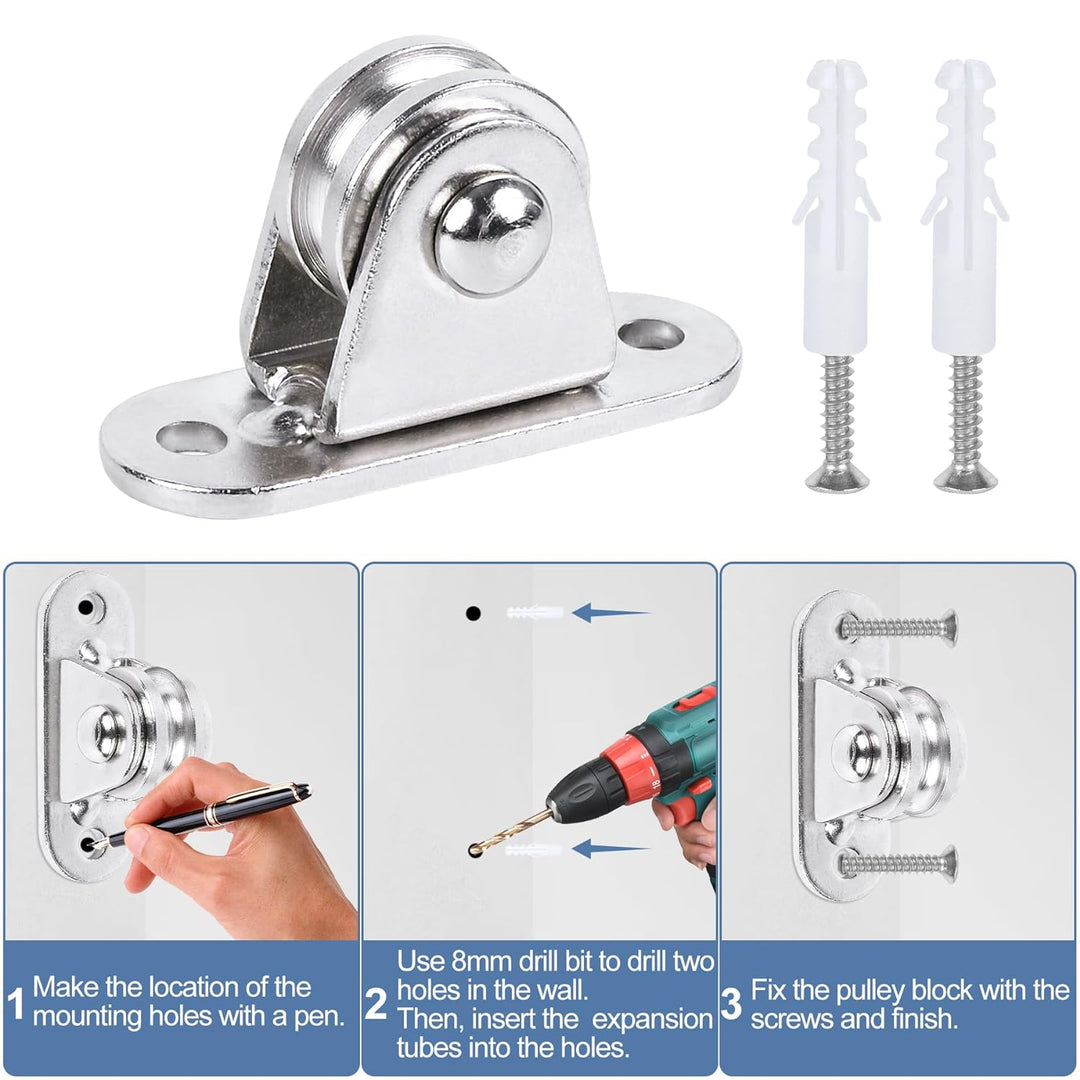 Small Pulley Block 1" Stainless Steel Mini Duplex Pulley Roller Frictionless Silent Wheel Heavy Duty Fixed Pulley Loading 176 lb for Rope Cable Cord Guide & Wall Ceiling Mount DIY Project - 8 Pack - Just Closeouts Canada Inc.