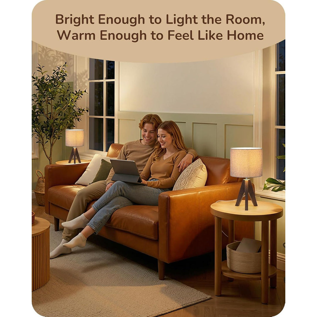 Small Table Lamp Walnut Color with Grey Linen Lampshade Bedside Lamp, Farmhouse Nightstand Lamp, Wooden Tripod, 14.2 Inch, for Nursery, Bedroom, Living Room, Kid Room, Office, E26 Socket - Just Closeouts Canada Inc.X003RQLIZL