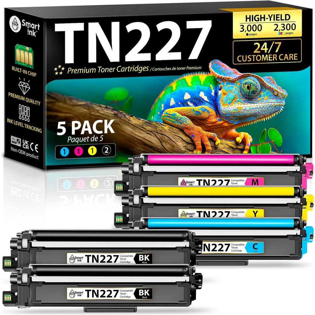 Smart Ink Compatible TN227 High Yield Toner Cartridge 5 Pack (2BK/C/M/Y) Replacement for Brother TN - 227 TN - 223 TN223bk TN227bk to use with MFC - L3770CDW HL - L3290CDW HL - L3270CDW MFC - L3710CW HL - L3210CW - Just Closeouts Canada Inc.