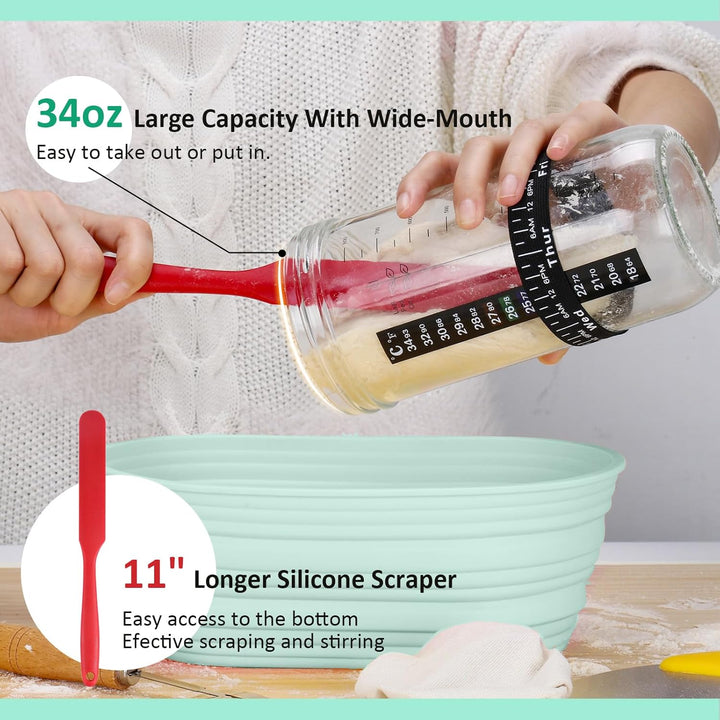 Sourdough Bread Starter Kit, 34oz Sourdough Starter Jar, Bread Sling for Dutch Oven, 2 Bread Proofing Baskets, Thermometer, Time Tracker, Metal Scraper, Sourdough Bread Baking Supplies - Green - Just Closeouts Canada Inc.