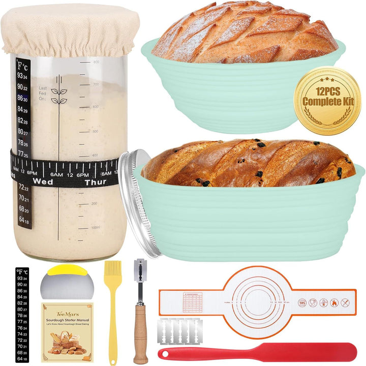 Sourdough Bread Starter Kit, 34oz Sourdough Starter Jar, Bread Sling for Dutch Oven, 2 Bread Proofing Baskets, Thermometer, Time Tracker, Metal Scraper, Sourdough Bread Baking Supplies - Green - Just Closeouts Canada Inc.