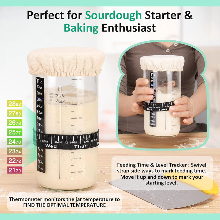 Sourdough Bread Starter Kit, 34oz Sourdough Starter Jar, Bread Sling for Dutch Oven, 2 Bread Proofing Baskets, Thermometer, Time Tracker, Metal Scraper, Sourdough Bread Baking Supplies - Green - Just Closeouts Canada Inc.