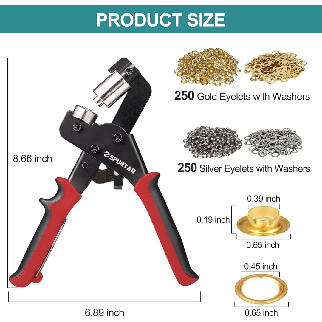 Spurtar Grommet Tool Kit 3/8'' Handheld Grommet Kit Magnetic Eyelet Tool with 10mm Hollow Punch and 500pcs Eyelets for Leather Fabric Belt Tarp Tent Bag Curtain Cardboard - Just Closeouts Canada Inc.