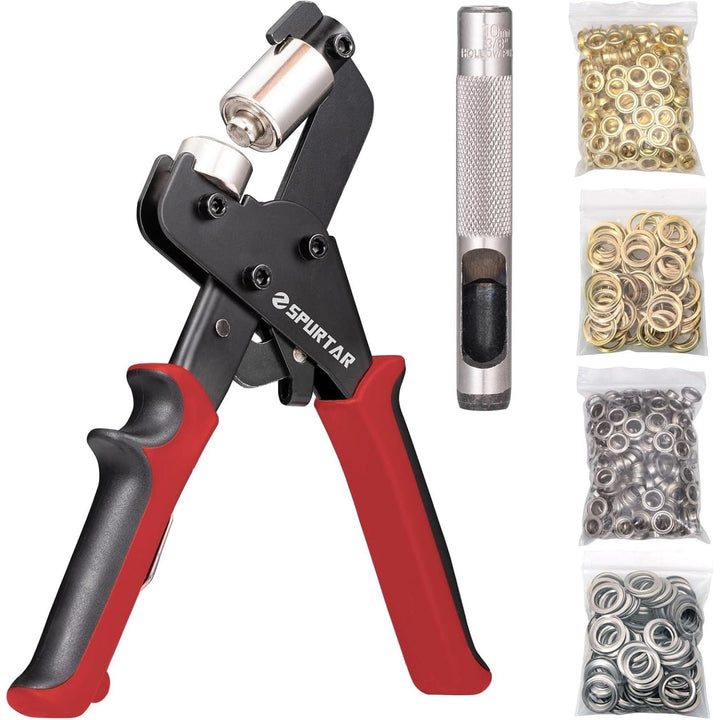 Spurtar Grommet Tool Kit 3/8'' Handheld Grommet Kit Magnetic Eyelet Tool with 10mm Hollow Punch and 500pcs Eyelets for Leather Fabric Belt Tarp Tent Bag Curtain Cardboard - Just Closeouts Canada Inc.