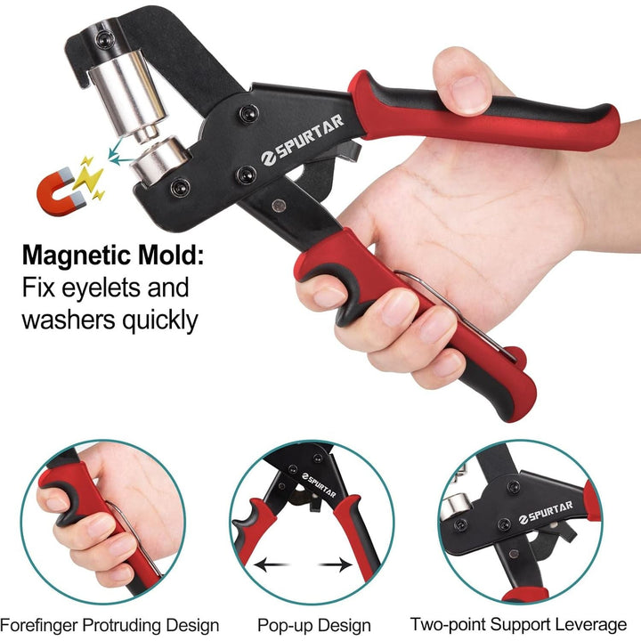 Spurtar Grommet Tool Kit 3/8'' Handheld Grommet Kit Magnetic Eyelet Tool with 10mm Hollow Punch and 500pcs Eyelets for Leather Fabric Belt Tarp Tent Bag Curtain Cardboard - Just Closeouts Canada Inc.