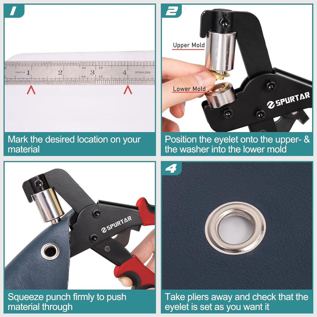 Spurtar Grommet Tool Kit 3/8'' Handheld Grommet Kit Magnetic Eyelet Tool with 10mm Hollow Punch and 500pcs Eyelets for Leather Fabric Belt Tarp Tent Bag Curtain Cardboard - Just Closeouts Canada Inc.