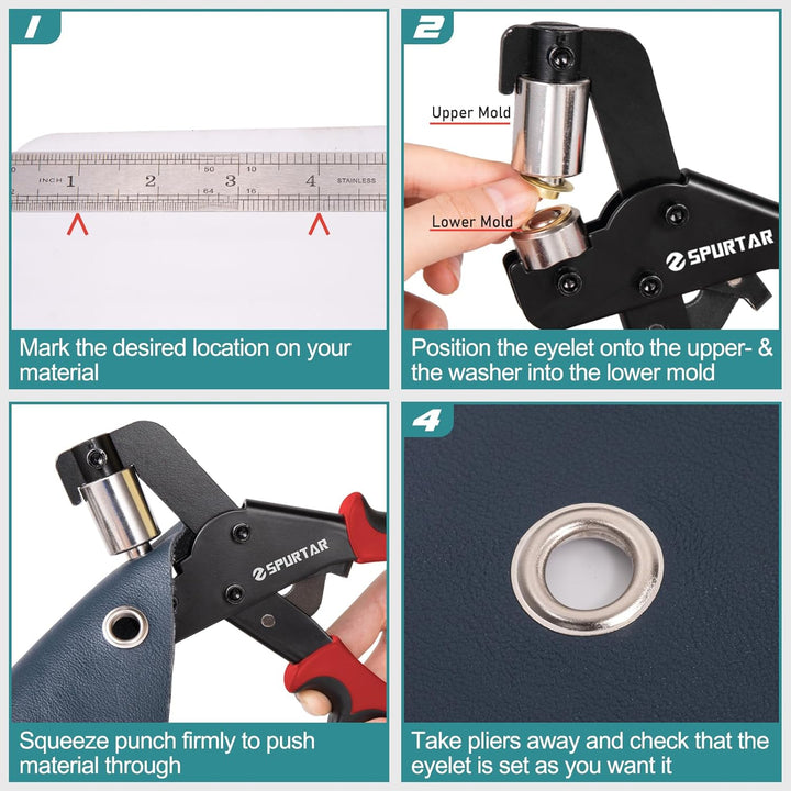 Spurtar Grommet Tool Kit 3/8'' Handheld Grommet Kit Magnetic Eyelet Tool with 10mm Hollow Punch and 500pcs Eyelets for Leather Fabric Belt Tarp Tent Bag Curtain Cardboard - Just Closeouts Canada Inc.