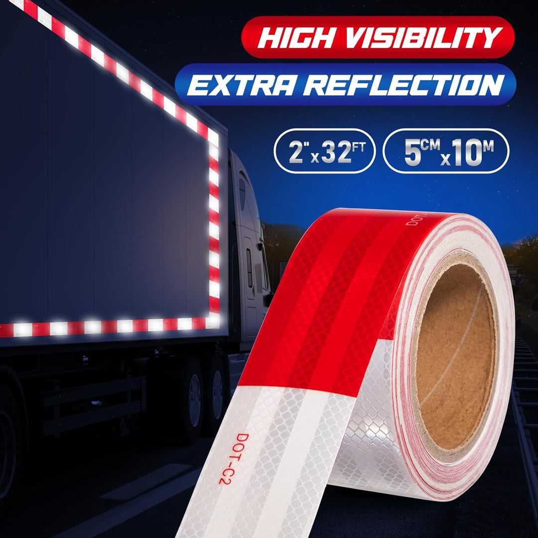 Spurtar Reflective Tape, Red and White Reflectors to Caution Road Tape, Strong Adhesive Reflective Stickers Waterproof Safety Warning Accessories for Vehicles Trailers Boats, 2" x 32FT - Just Closeouts Canada Inc.