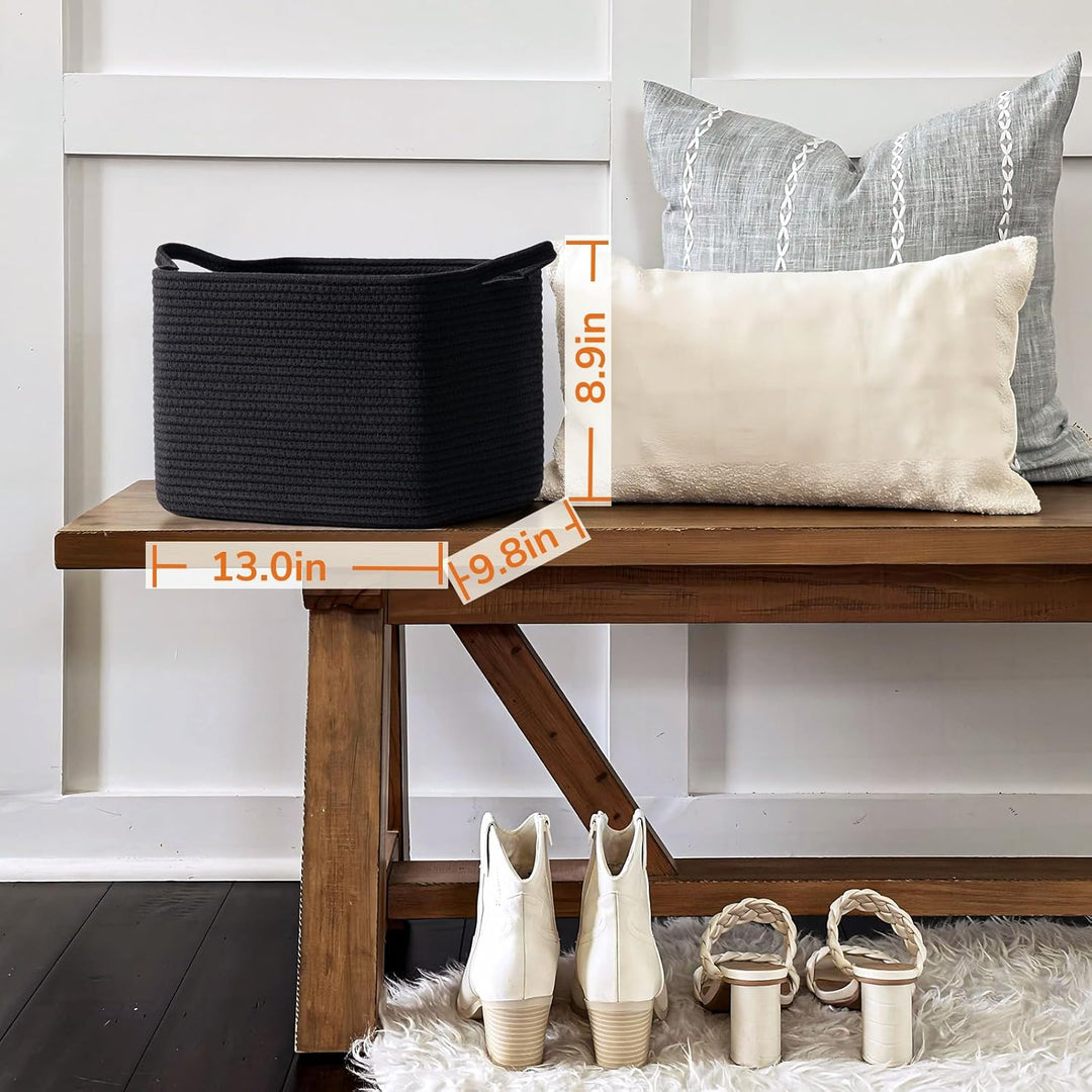 Square Storage Basket for Shelves, Cotton Rope Woven Storage Basket for Books, Toys, Towels, 13 x 9.8 x 8.9 inches, Black - Just Closeouts Canada Inc.