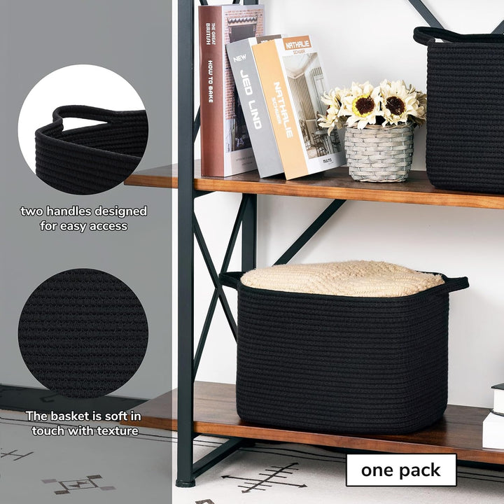 Square Storage Basket for Shelves, Cotton Rope Woven Storage Basket for Books, Toys, Towels, 13 x 9.8 x 8.9 inches, Black - Just Closeouts Canada Inc.