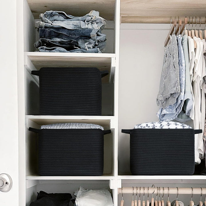 Square Storage Basket for Shelves, Cotton Rope Woven Storage Basket for Books, Toys, Towels, 13 x 9.8 x 8.9 inches, Black - Just Closeouts Canada Inc.