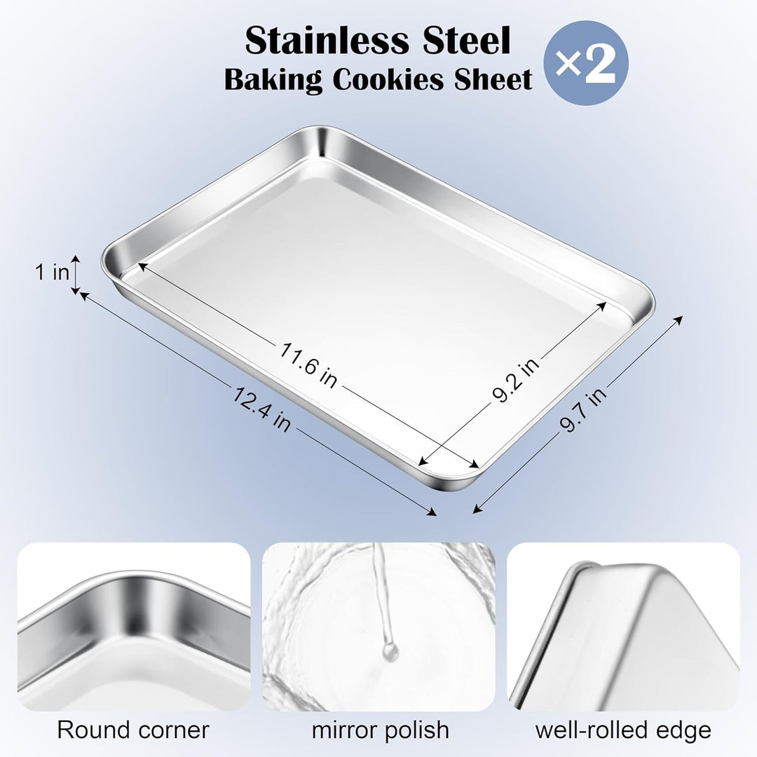 Stainless Steel Baking Sheets, 12.4” x9.7” x 1” Baking Cookie Sheets Pans for Oven, Non - toxic Metal Trays for Cake Cookies, Healthy & Rust Free, Mirror Finish & Dishwasher Safe, 2 Pack - Just Closeouts Canada Inc.