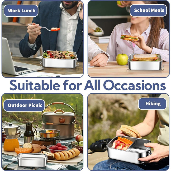 Stainless Steel Bento Box, Large 1400ml Metal Bento Lunch Box Container, 49oz Leak - Proof Lunch Container with Lids and 2 Removable Dividers, Reusable Meal Storage for Camping Picnic Travel Work - Just Closeouts Canada Inc.