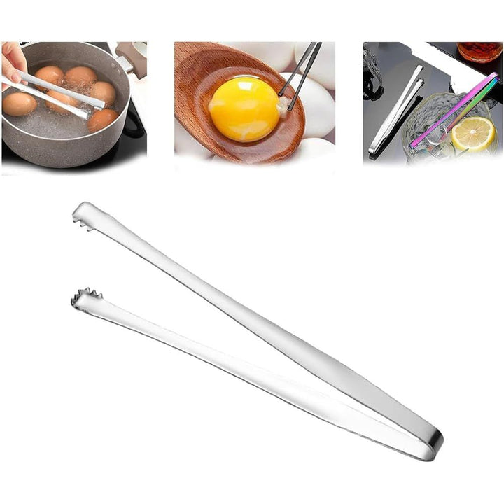 Stainless-steel tongs holding small food items