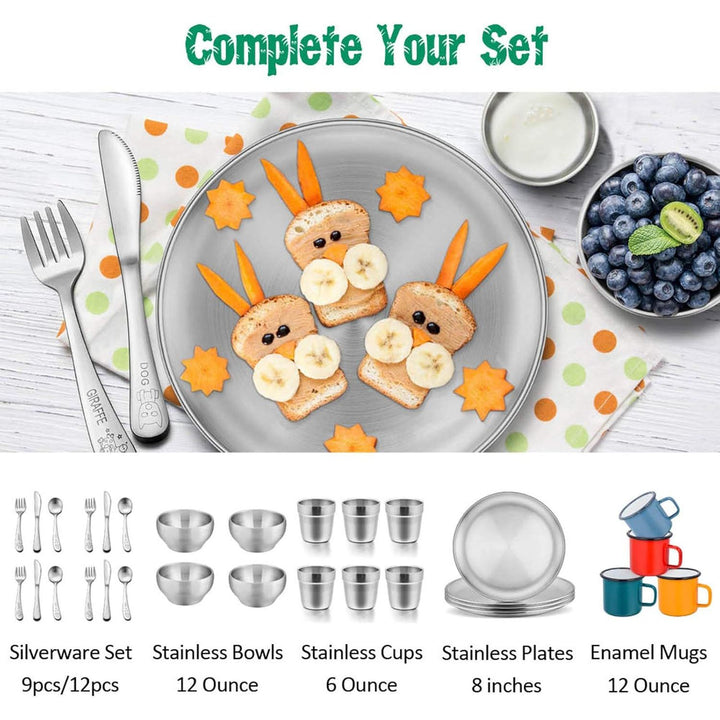 Stainless Steel Plates Set of 4, 8 - inch Metal Dinner Plates for Kids Toddlers, Great for Self - feeding/Picnic/Outdoor Camping, Healthy & Non - toxic, Shatterproof & Dishwasher Safe - Just Closeouts Canada Inc.