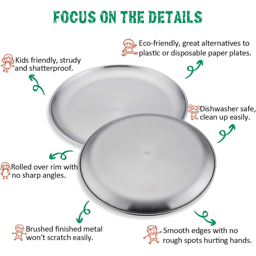 Stainless Steel Plates Set of 4, 8 - inch Metal Dinner Plates for Kids Toddlers, Great for Self - feeding/Picnic/Outdoor Camping, Healthy & Non - toxic, Shatterproof & Dishwasher Safe - Just Closeouts Canada Inc.