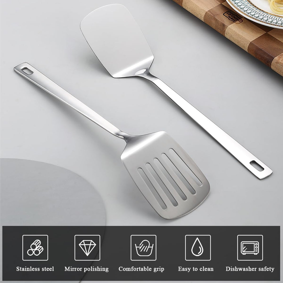 Stainless Steel Spatulas Set, Silver Slotted Turner, Solid Turner, Kitchen Spatulas for Nonstick Cookware, Dishwasher Safe, Easy to Clean - Just Closeouts Canada Inc.X004V8NO8X