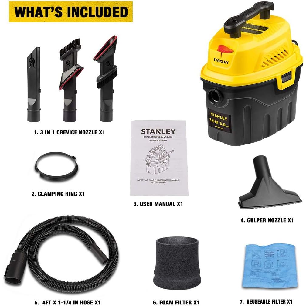 Stanley SL18910P-3 Wet/Dry, 3 Gallon, 3 Horsepower, Portable Car Vacuum, 3.0 HP AC, Black+Yellow - Just Closeouts Canada Inc.