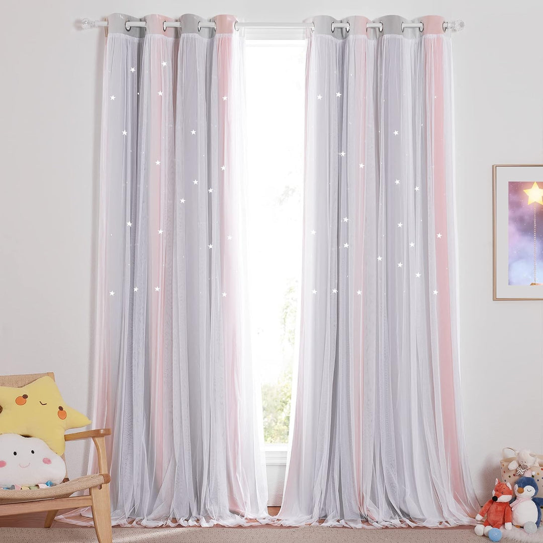 Star Cut-Out Curtains – Pink & Grey, 52 x 84 in, 2 Panels - Just Closeouts Canada Inc.