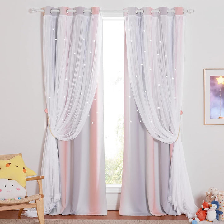 Star Cut-Out Curtains – Pink & Grey, 52 x 84 in, 2 Panels - Just Closeouts Canada Inc.