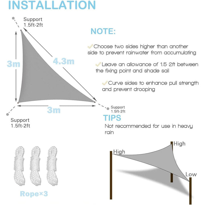 Sunal Triangle Sun Shade Sails 10'x10'x14', Outdoor Waterproof Shade Sail, 95% UV Blocking Sun Shade Canopy with 3 Free Nylon Ropes, Shade Cover for Outdoor Garden Patio Carport Terrace Balcony Pergola Camping Party, Grey - Just Closeouts Canada Inc.