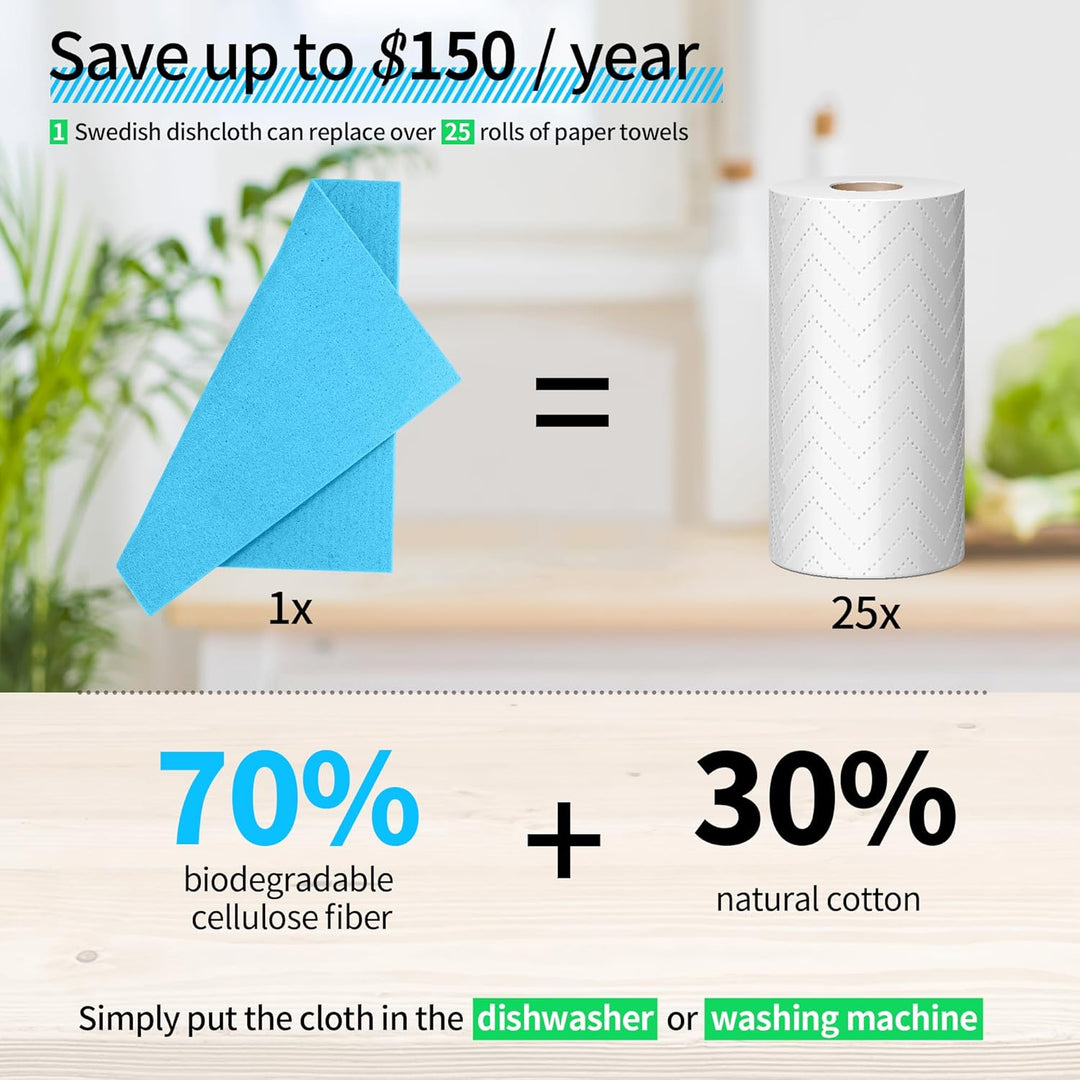 Swedish Dish Cloths, 10 Pack, Cellulose Sponge Dishcloths, Absorbent Swedish Dish Towels for Kitchen, Non - Scratch, Reusable Kitchen Cloth, Multi - Surface Dish Towels - Just Closeouts Canada Inc.X0042GNXXF