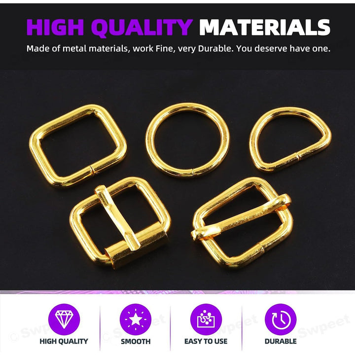 Gold roller buckles, slide buckles and rings close-up