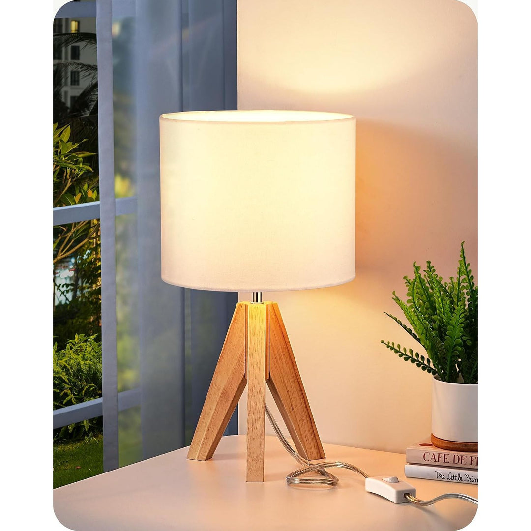 Table Lamp Nightstand Lamp Bedside Lamp Mid Century, Wood Tripod, Linen Fabric Shade, Small, Cute, 14.2 Inch, UL Listed, ON/Off Switch, Bedroom, Living Room - Just Closeouts Canada Inc.X0049DXC7X