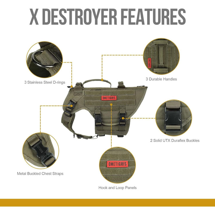 Tactical Dog Harness,X Destroyer No Pulling Adjustable Dog Vest Harness, Heavy Duty Dog Harness with Handle, Large Hook and Loop Panels for Patch (Green. XL) - Just Closeouts Canada Inc.