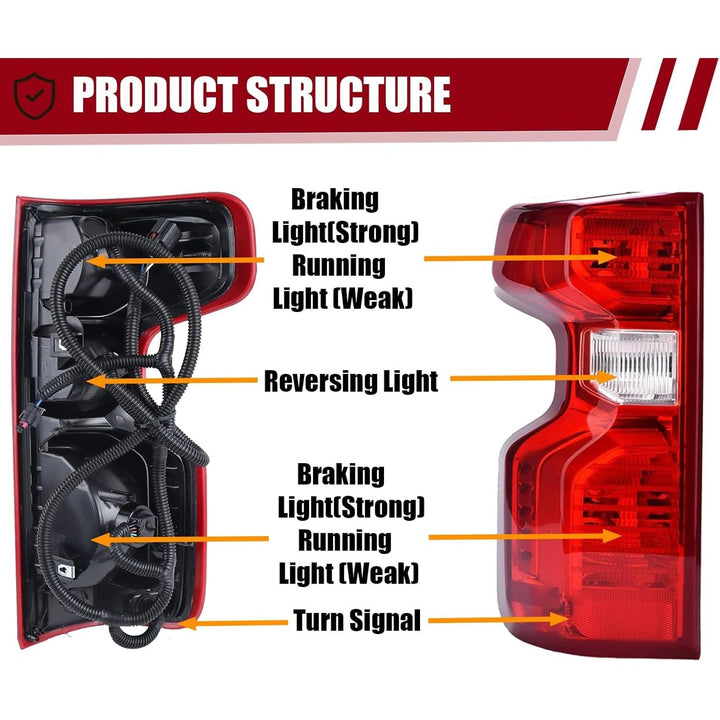 Tail Light Assembly Compatible with Chevy Silverado 1500 2500HD 3500HD 2019 - 2023 Halogen Type NON - LED Model Taillights Brake Signal Rear Lamp with Bulb and Harness Left Driver Side - Just Closeouts Canada Inc.