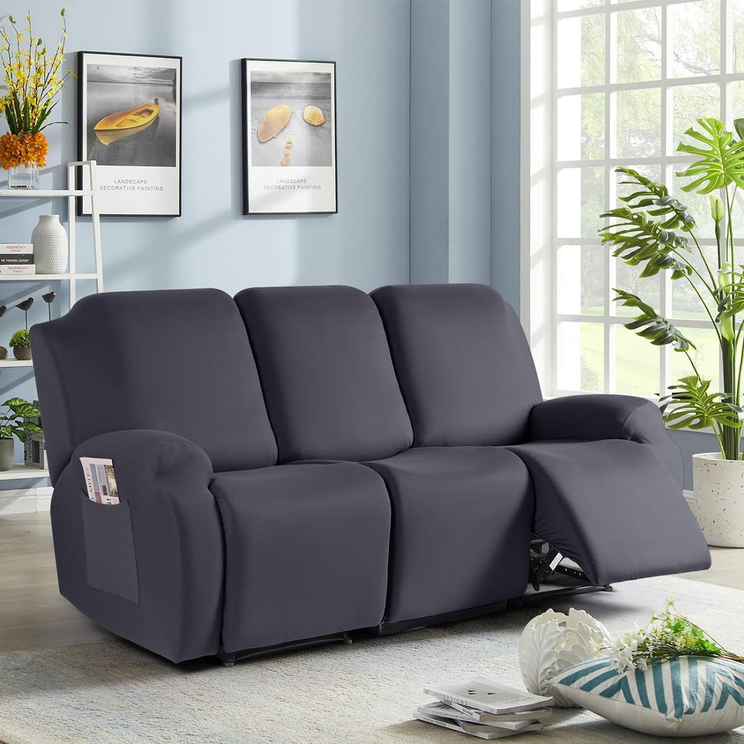 TAOCOCO Recliner Sofa Slipcover, 3 Pieces Polyester Fabric Stretch Sofa Covers for 3 Seat Reclining Couch, Soft Washable Furniture Protector with Pockets (3 Seat, Dark Gray) - Just Closeouts Canada Inc.