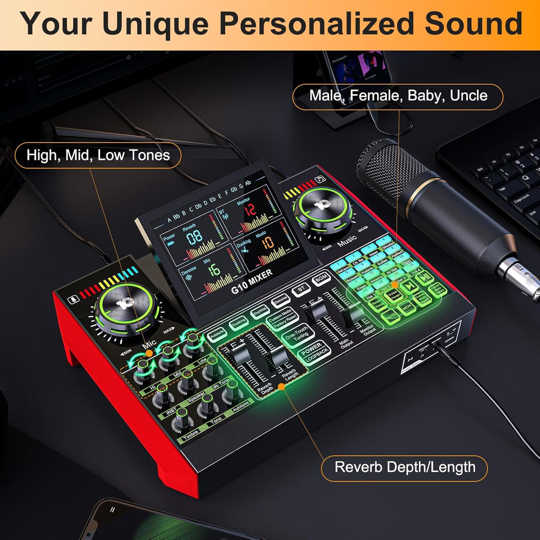 Tenlamp G10 Gaming Audio Mixer,Sound Board for Pc Professional Streaming live Sound Card with 48V Phantom Power,XLR and 3.5mm audio interface for Podcast/Recording/singing content creation - Just Closeouts Canada Inc.