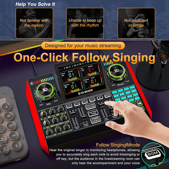 Tenlamp G10 Gaming Audio Mixer,Sound Board for Pc Professional Streaming live Sound Card with 48V Phantom Power,XLR and 3.5mm audio interface for Podcast/Recording/singing content creation - Just Closeouts Canada Inc.