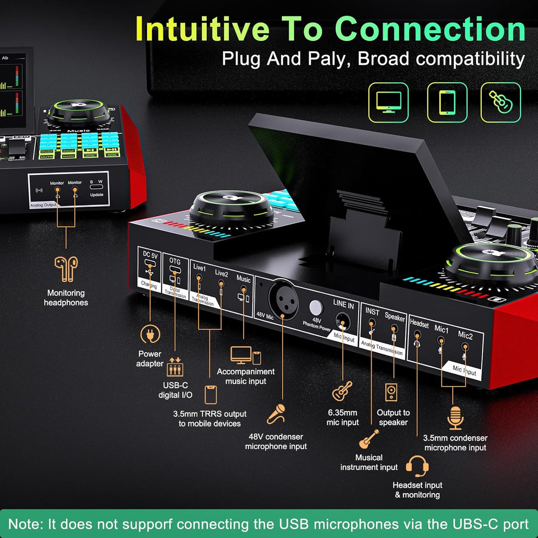 Tenlamp G10 Gaming Audio Mixer,Sound Board for Pc Professional Streaming live Sound Card with 48V Phantom Power,XLR and 3.5mm audio interface for Podcast/Recording/singing content creation - Just Closeouts Canada Inc.
