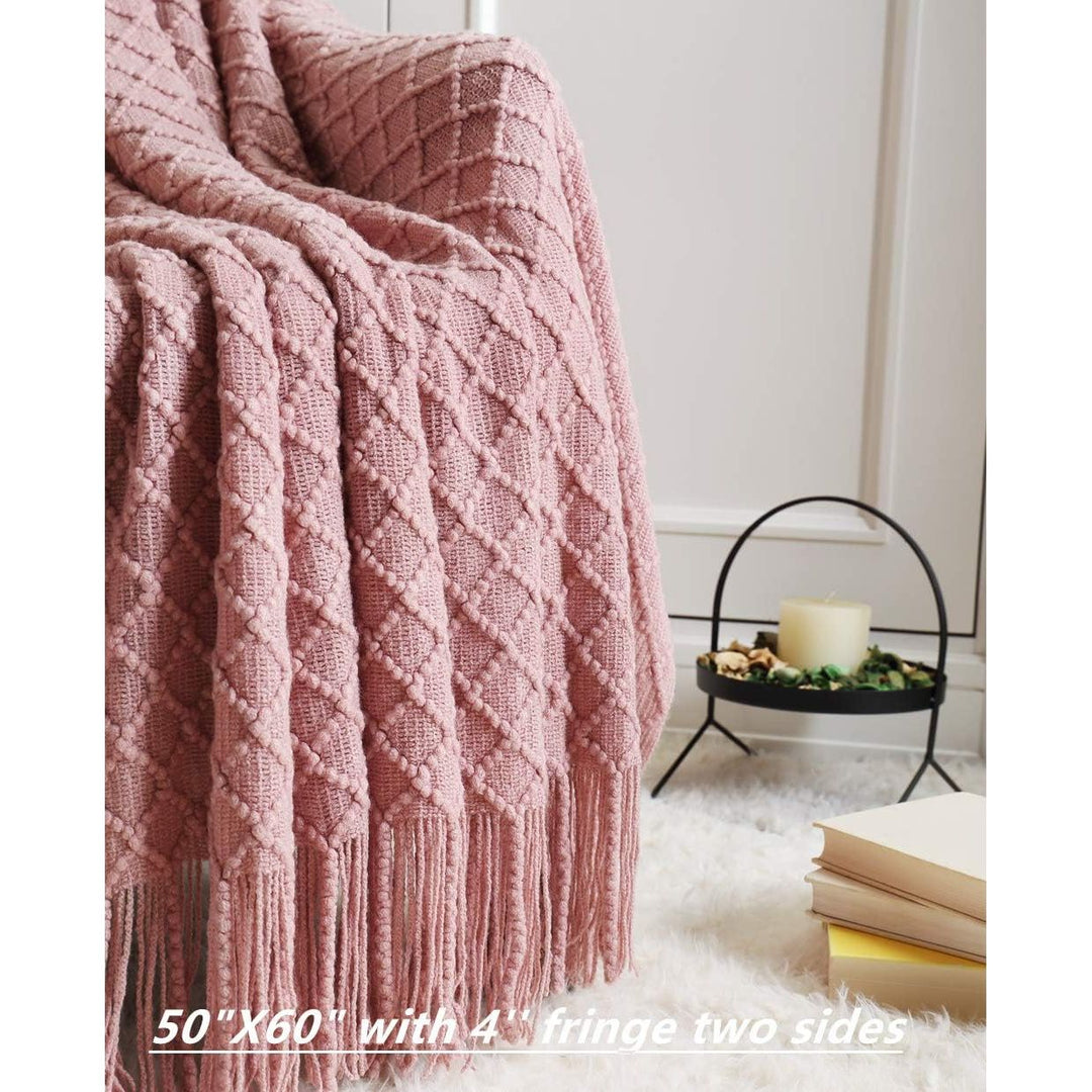 Textured Solid Soft Sofa Couch Knitted Decorative Throw Blanket with Fringe for Girls, Soft Warm Cozy Light Weight for Spring Summer (127cmX152cm Dusty Pink/Coral) - Just Closeouts Canada Inc.