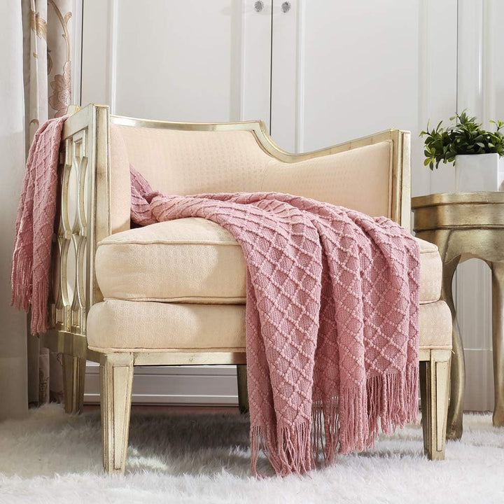Textured Solid Soft Sofa Couch Knitted Decorative Throw Blanket with Fringe for Girls, Soft Warm Cozy Light Weight for Spring Summer (127cmX152cm Dusty Pink/Coral) - Just Closeouts Canada Inc.