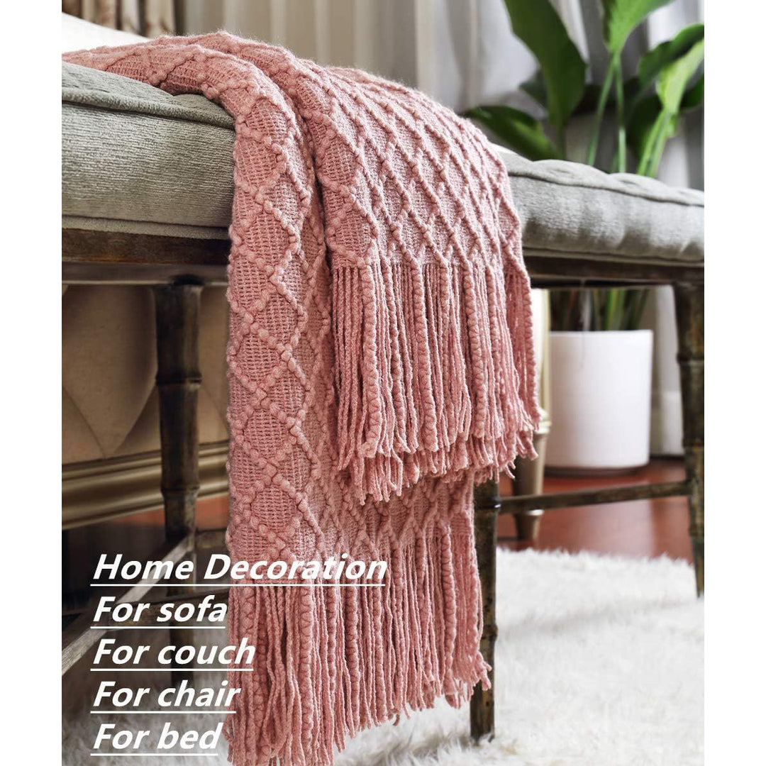 Textured Solid Soft Sofa Couch Knitted Decorative Throw Blanket with Fringe for Girls, Soft Warm Cozy Light Weight for Spring Summer (127cmX152cm Dusty Pink/Coral) - Just Closeouts Canada Inc.