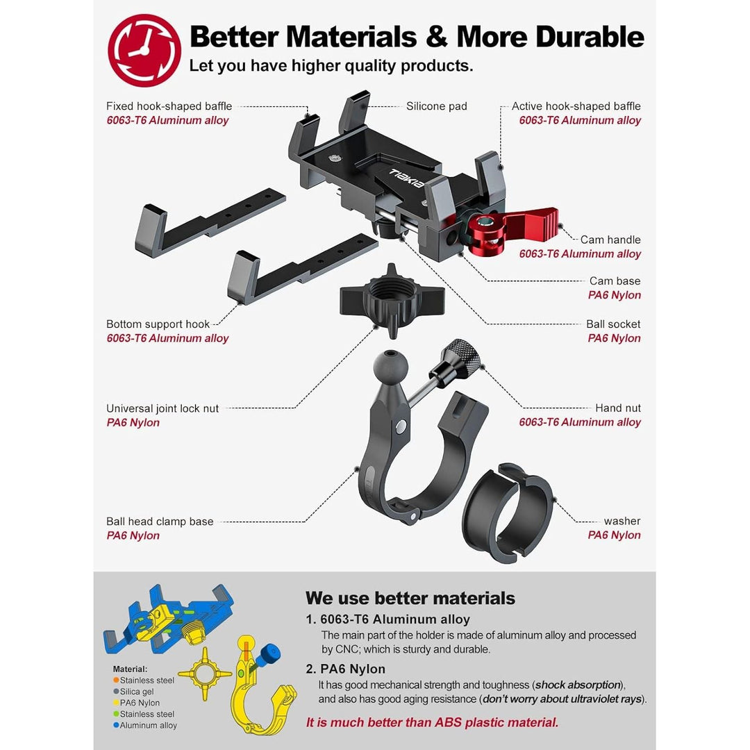 Tiakia Bike Phone Mount Holder, Aluminum Motorcycle Phone Mount, Handlebar Mounted Cell Phone Holder for Bike, 360° Rotation, Universal Bicycle Phone Mount for 4.5 - 7 Inch Phones - Just Closeouts Canada Inc.