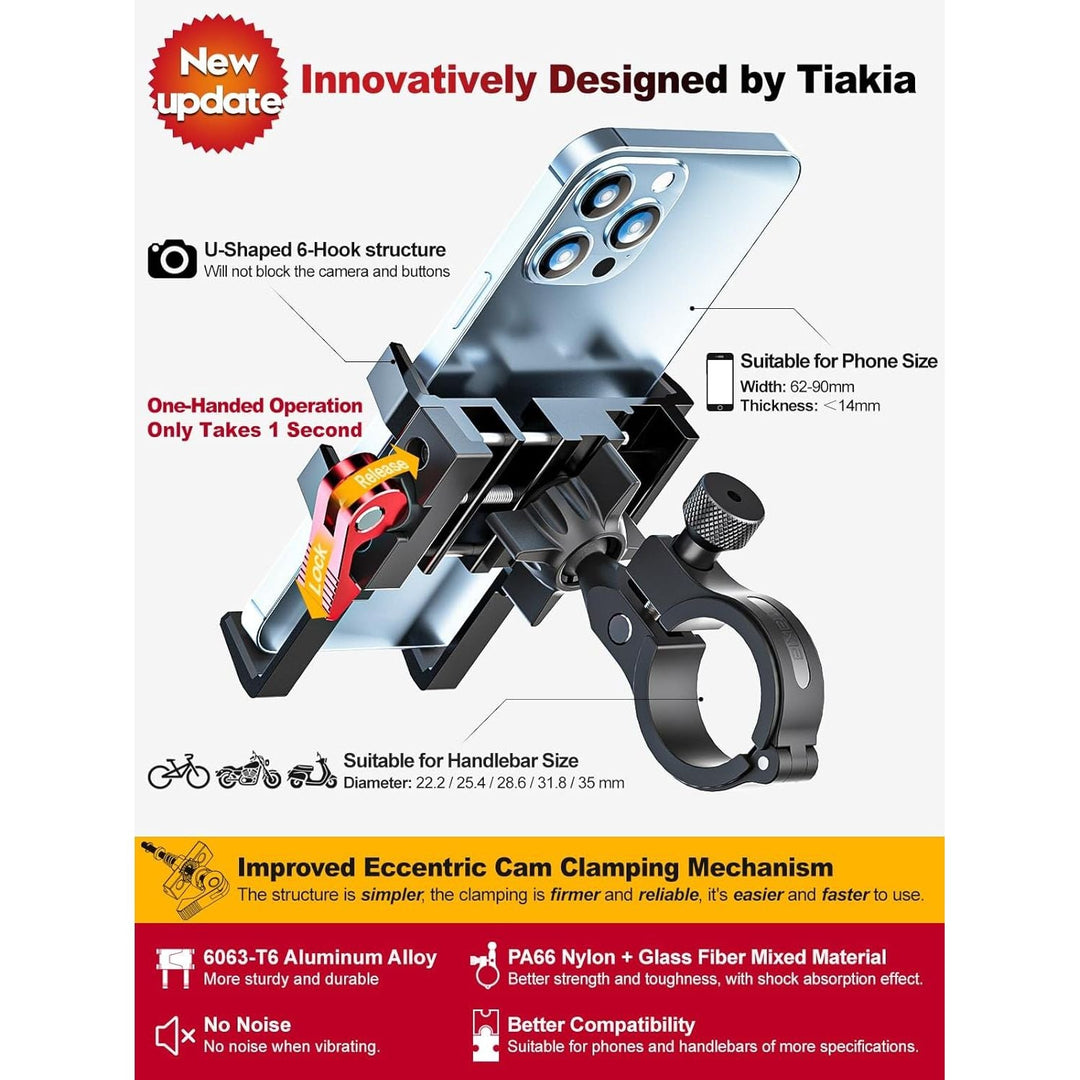 Tiakia Bike Phone Mount Holder, Aluminum Motorcycle Phone Mount, Handlebar Mounted Cell Phone Holder for Bike, 360° Rotation, Universal Bicycle Phone Mount for 4.5 - 7 Inch Phones - Just Closeouts Canada Inc.
