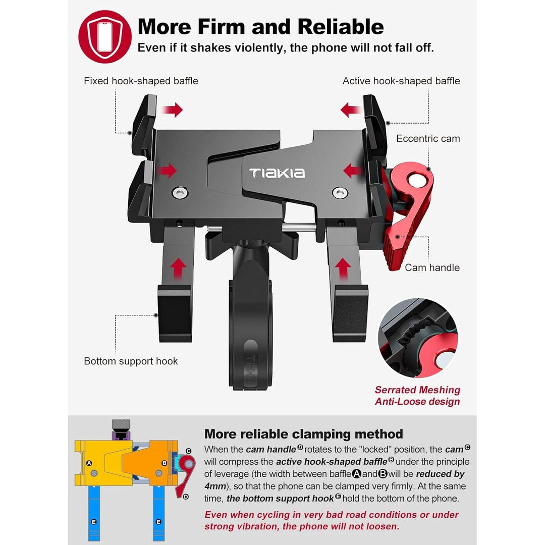 Tiakia Bike Phone Mount Holder, Aluminum Motorcycle Phone Mount, Handlebar Mounted Cell Phone Holder for Bike, 360° Rotation, Universal Bicycle Phone Mount for 4.5 - 7 Inch Phones - Just Closeouts Canada Inc.