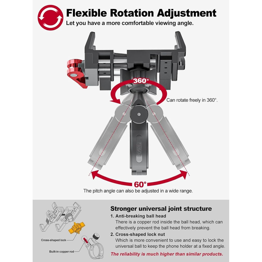 Tiakia Bike Phone Mount Holder, Aluminum Motorcycle Phone Mount, Handlebar Mounted Cell Phone Holder for Bike, 360° Rotation, Universal Bicycle Phone Mount for 4.5 - 7 Inch Phones - Just Closeouts Canada Inc.