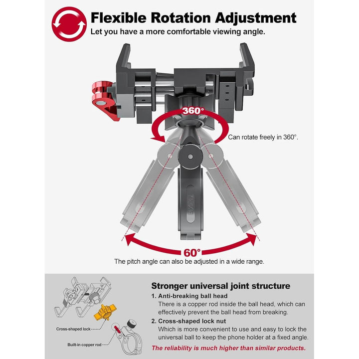 Tiakia Bike Phone Mount Holder, Aluminum Motorcycle Phone Mount, Handlebar Mounted Cell Phone Holder for Bike, 360° Rotation, Universal Bicycle Phone Mount for 4.5 - 7 Inch Phones - Just Closeouts Canada Inc.