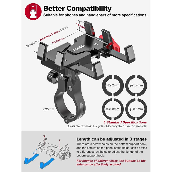 Tiakia Bike Phone Mount Holder, Aluminum Motorcycle Phone Mount, Handlebar Mounted Cell Phone Holder for Bike, 360° Rotation, Universal Bicycle Phone Mount for 4.5 - 7 Inch Phones - Just Closeouts Canada Inc.