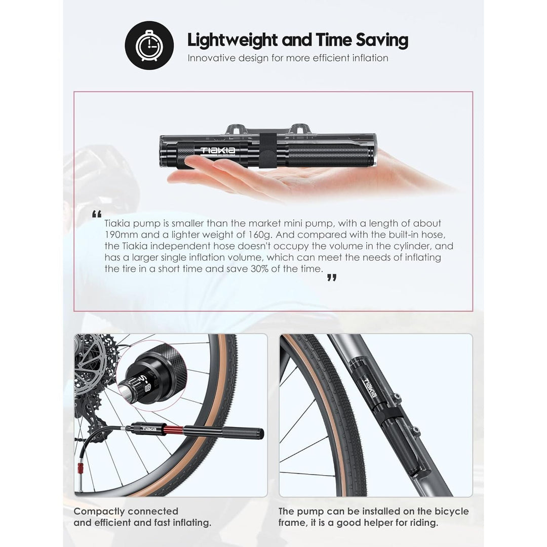 Tiakia Mini Bike Pump Portable Bicycle Pump Compact High Pressure Frame Pump 260PSI - Air Hand Pump Fit Presta, Schrader & Woods Valves,Aluminum Alloy Durable Tire Pump for Road/Mountain/BMX Bikes - Just Closeouts Canada Inc.