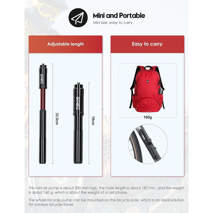 Tiakia Mini Bike Pump Portable Bicycle Pump Compact High Pressure Frame Pump 260PSI - Air Hand Pump Fit Presta, Schrader & Woods Valves,Aluminum Alloy Durable Tire Pump for Road/Mountain/BMX Bikes - Just Closeouts Canada Inc.