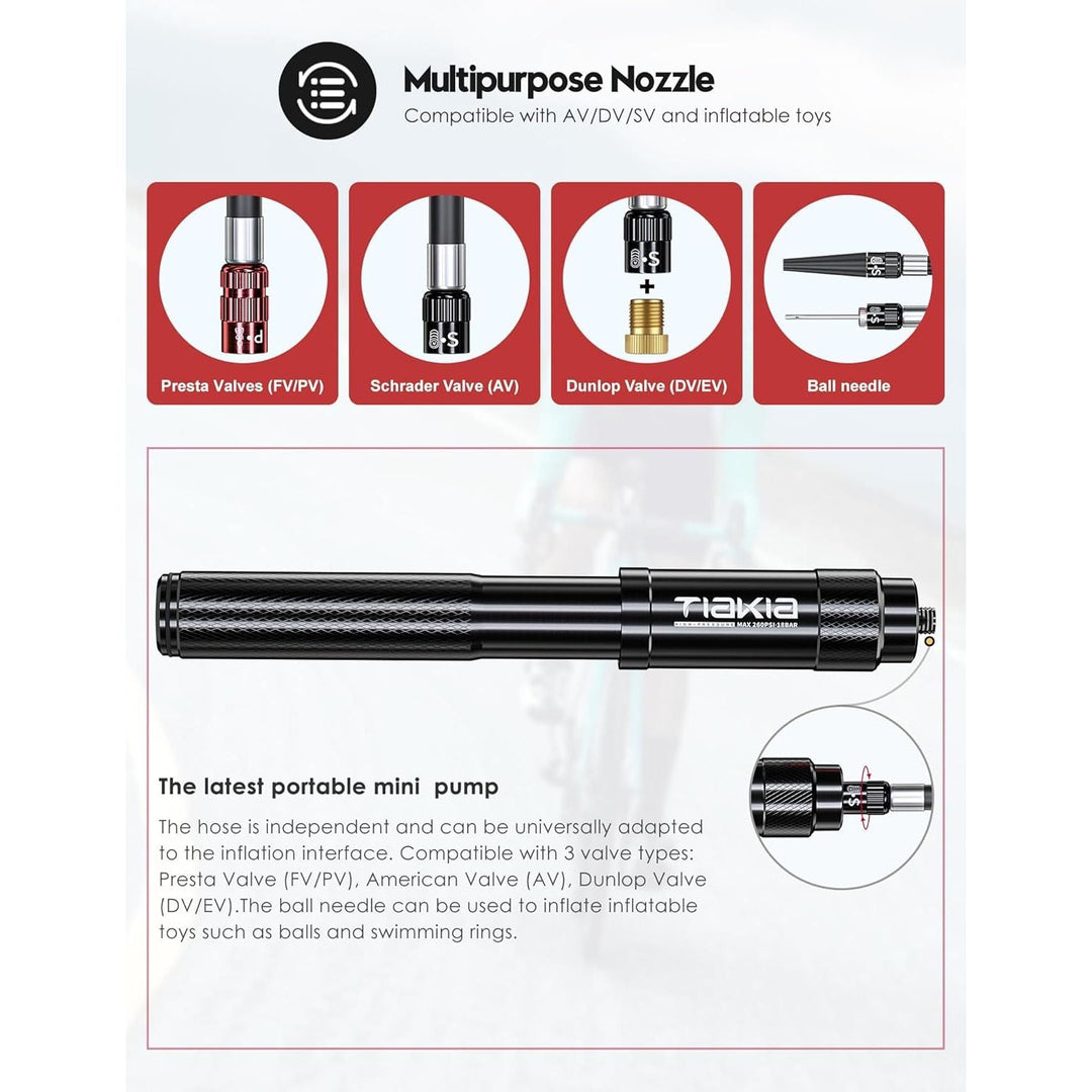 Tiakia Mini Bike Pump Portable Bicycle Pump Compact High Pressure Frame Pump 260PSI - Air Hand Pump Fit Presta, Schrader & Woods Valves,Aluminum Alloy Durable Tire Pump for Road/Mountain/BMX Bikes - Just Closeouts Canada Inc.