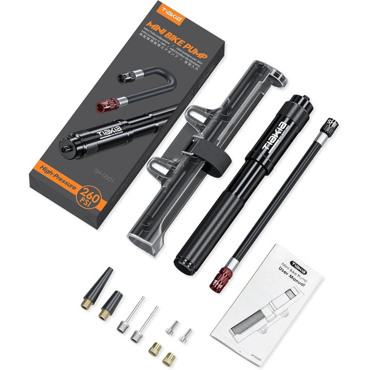 Tiakia Mini Bike Pump Portable Bicycle Pump Compact High Pressure Frame Pump 260PSI - Air Hand Pump Fit Presta, Schrader & Woods Valves,Aluminum Alloy Durable Tire Pump for Road/Mountain/BMX Bikes - Just Closeouts Canada Inc.